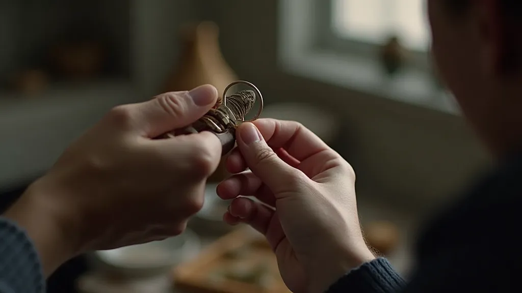Collector inspecting an antique button with a magnifying glass
