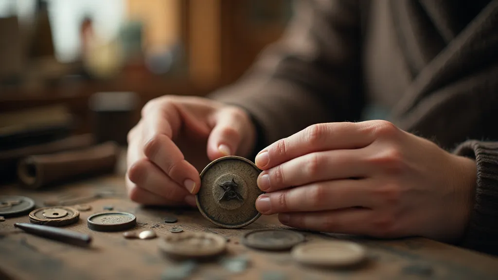 Collector examining an antique button