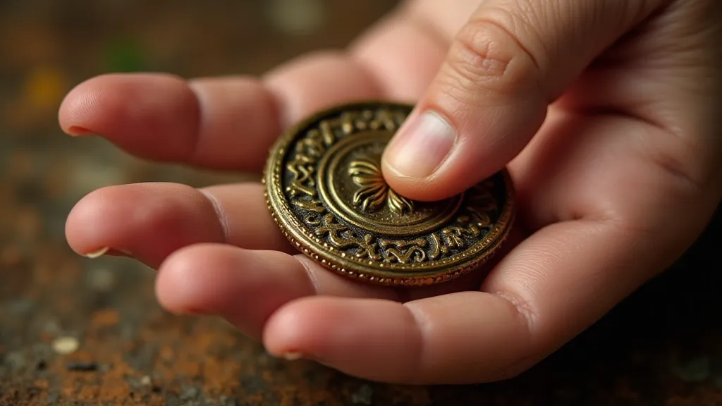 Hand examining an antique button