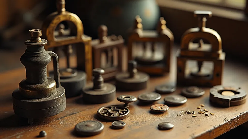 Antique button-making tools on a workbench.