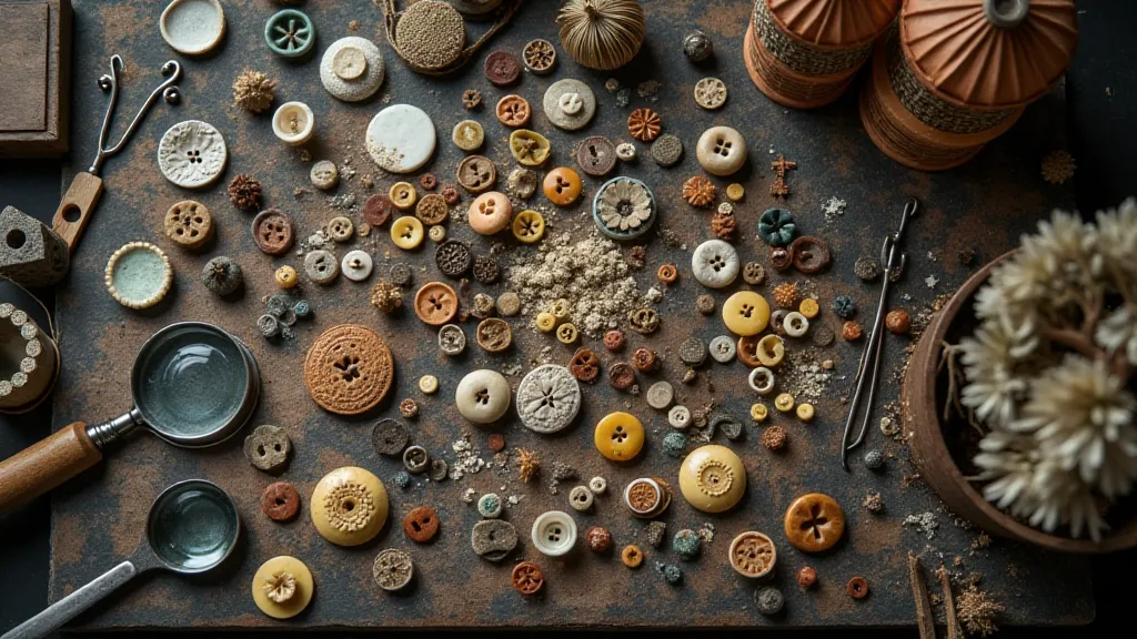 Collector's workbench with antique buttons