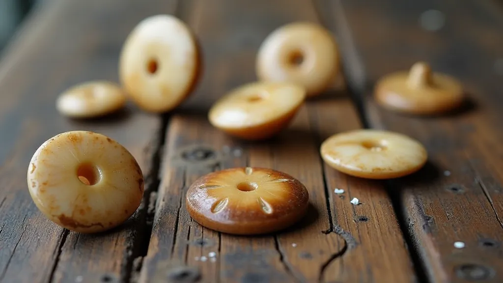 Antique horn buttons on a wooden table