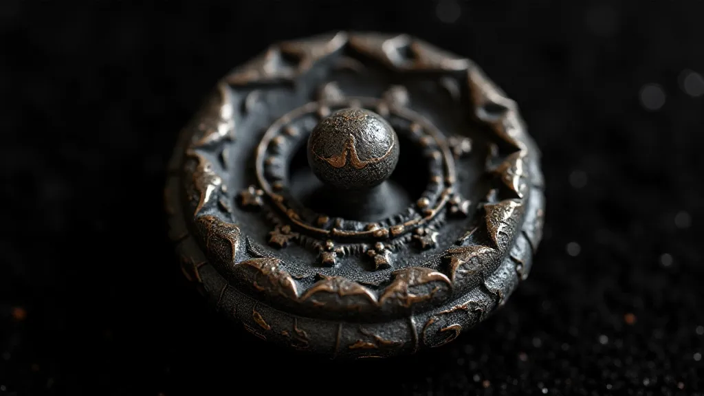 Close-up of an antique jet button with a faded maker's mark.