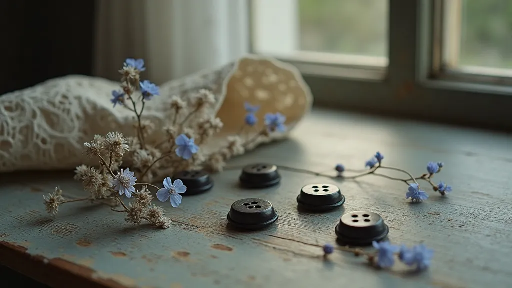 Still life with jet buttons and flowers