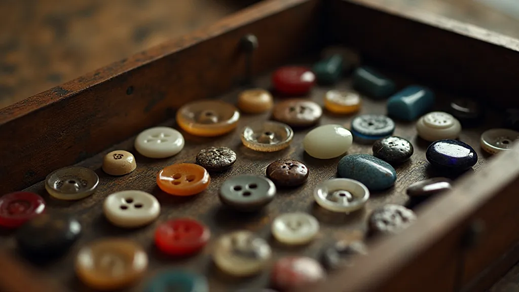 Antique buttons in a vintage sewing box